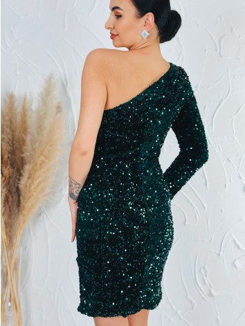 Luxusné zelené asymetrické flitrované spoločenské šaty s jedným rukávom