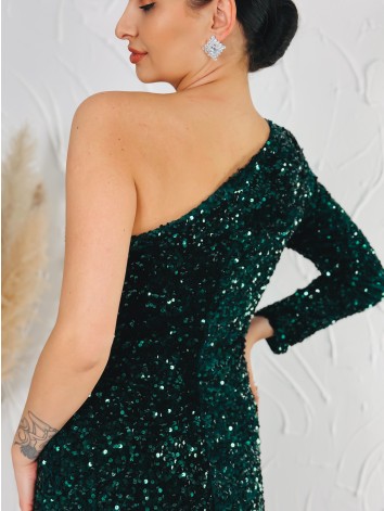 Luxusné zelené asymetrické flitrované spoločenské šaty s jedným rukávom