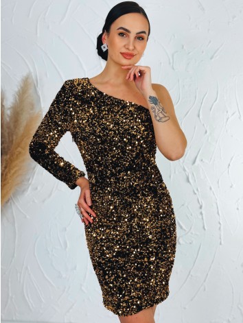 Luxusné zlaté asymetrické flitrované spoločenské šaty s jedným rukávom