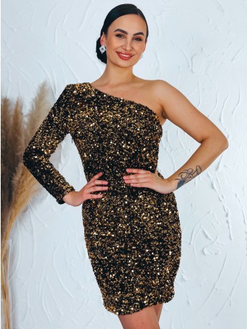 Luxusné zlaté asymetrické flitrované spoločenské šaty s jedným rukávom