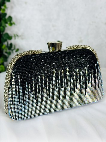 Luxusná dámska spoločenská kabelka s kamienkami a dvoma remienkami - čierna