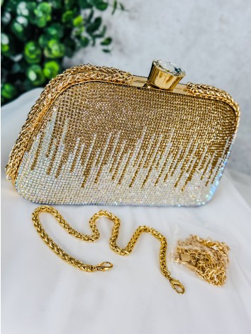 Luxusná dámska spoločenská kabelka s kamienkami a dvoma remienkami - zlatá