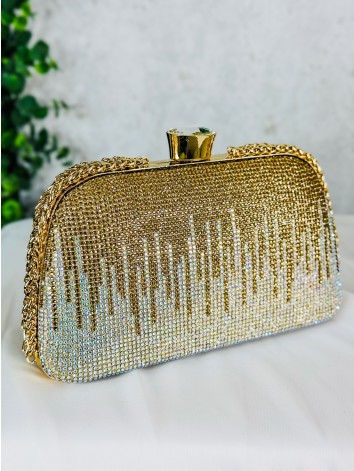 Luxusná dámska spoločenská kabelka s kamienkami a dvoma remienkami - zlatá