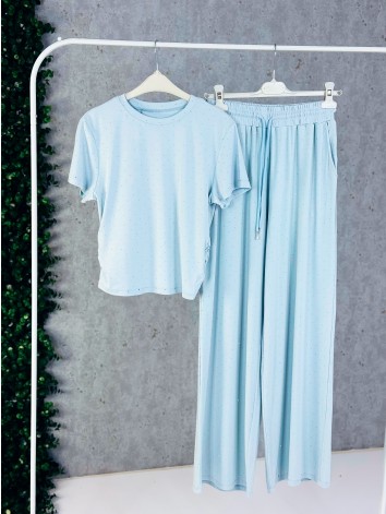 Modrý elastický dvojdielny komplet s kamienkami QUEEN