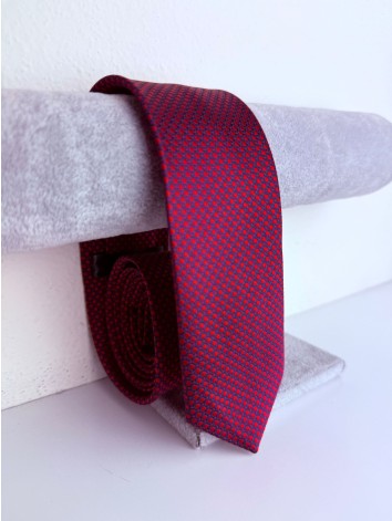 Pánska modro-červená saténová úzka kravata s  bodkovaným vzorom