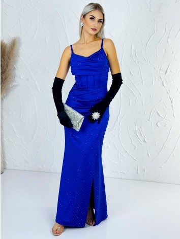 Priliehavé šaty na svadbu alebo na ples s kamienkami - modré