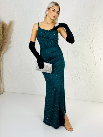 Priliehavé šaty na svadbu alebo na ples s kamienkami - zelené