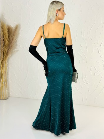 Priliehavé šaty na svadbu alebo na ples s kamienkami - zelené