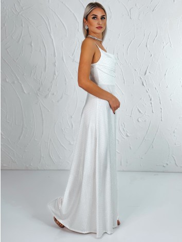 Priliehavé šaty na svadbu alebo na ples s kamienkami a rázporkom - biele