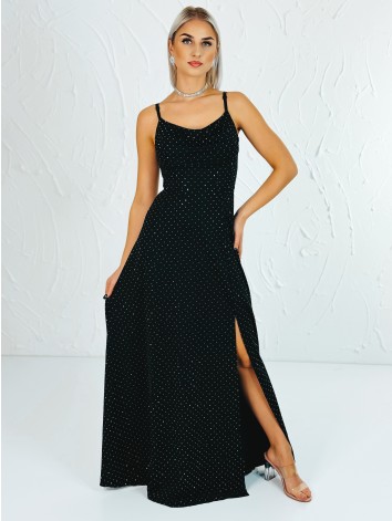 Priliehavé šaty na svadbu alebo na ples s kamienkami a rázporkom - čierne