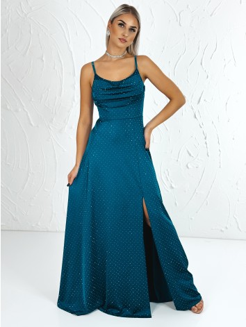 Priliehavé šaty na svadbu alebo na ples s kamienkami a rozparkom - petrolejové