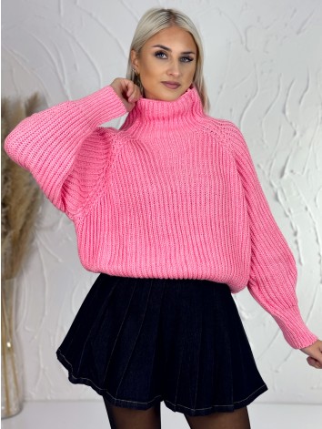 Ružový dámsky hrubý rolákový sveter v oversize strihu 2