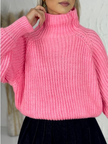 Ružový dámsky hrubý rolákový sveter v oversize strihu 2