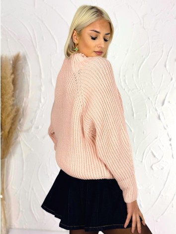 Ružový dámsky hrubý rolákový sveter v oversize strihu