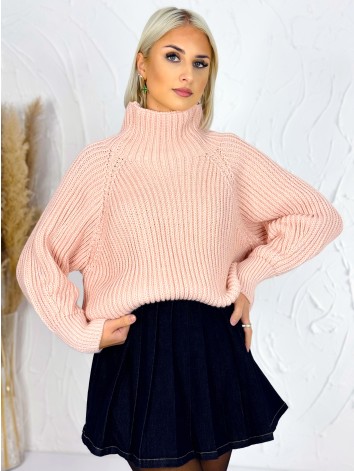Ružový dámsky hrubý rolákový sveter v oversize strihu