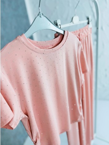 Ružový elastický dvojdielny komplet s kamienkami QUEEN