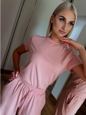 Ružový elastický dvojdielny komplet s kamienkami QUEEN