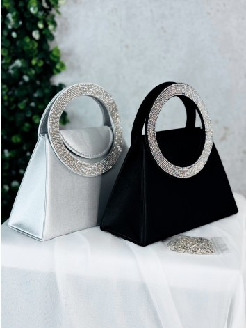 Saténová spoločenská kabelka s ozdobnými kamienkami - čierna