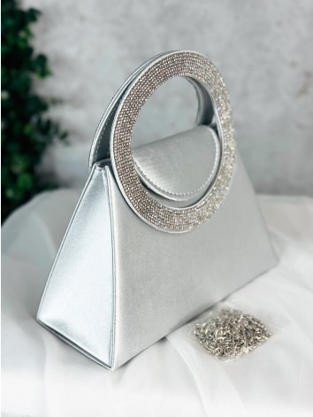 Saténová spoločenská kabelka s ozdobnými kamienkami - strieborná