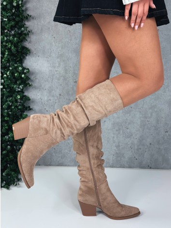 Semišové dámske nariasené kovbojské čižmy  - béžové