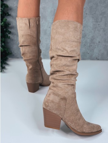 Semišové dámske nariasené kovbojské čižmy  - béžové