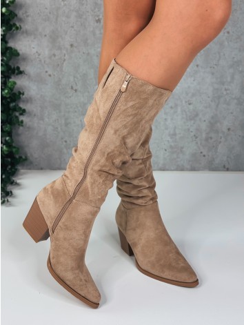 Semišové dámske nariasené kovbojské čižmy  - béžové