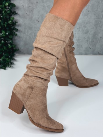 Semišové dámske nariasené kovbojské čižmy  - béžové