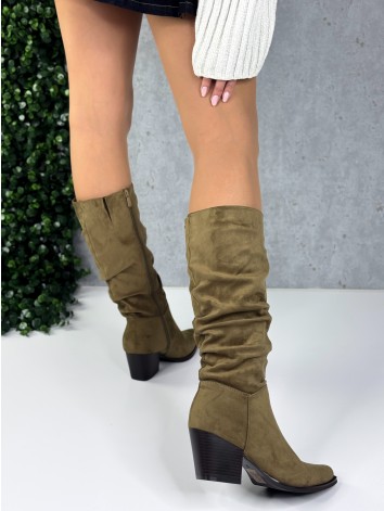 Semišové dámske nariasené kovbojské čižmy  - zelené