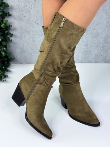 Semišové dámske nariasené kovbojské čižmy  - zelené
