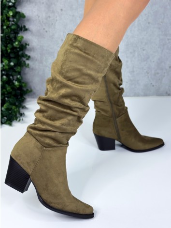Semišové dámske nariasené kovbojské čižmy  - zelené