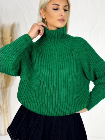 Zelený dámsky hrubý rolákový sveter v oversize strihu