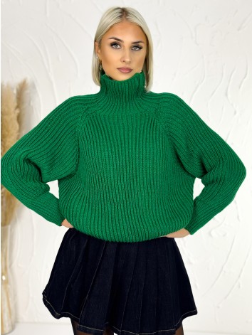 Zelený dámsky hrubý rolákový sveter v oversize strihu