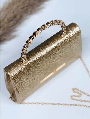 Zlatá spoločenská kabelka s ozdobnými kamienkami a remienkom