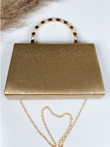 Zlatá spoločenská kabelka s ozdobnými kamienkami a remienkom