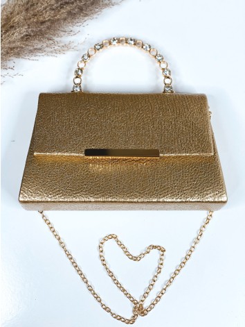 Zlatá spoločenská kabelka s ozdobnými kamienkami a remienkom