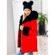 Červená zimná dámska vetrovka s kapucňou a mohutnou kožušinou