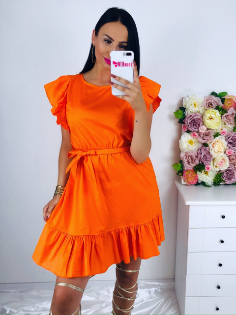 Dámske oranžové volánikové šaty s viazaním v páse