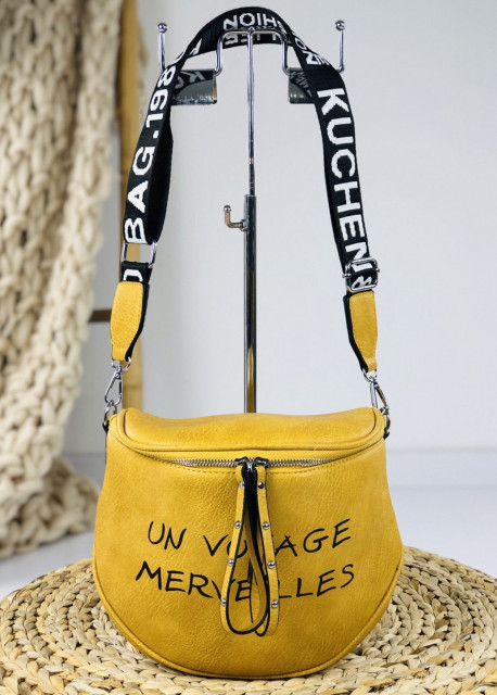 Dámska žltá kabelka s nápisom