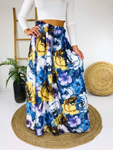 Saténová modrá kvetovaná dlhá sukňa