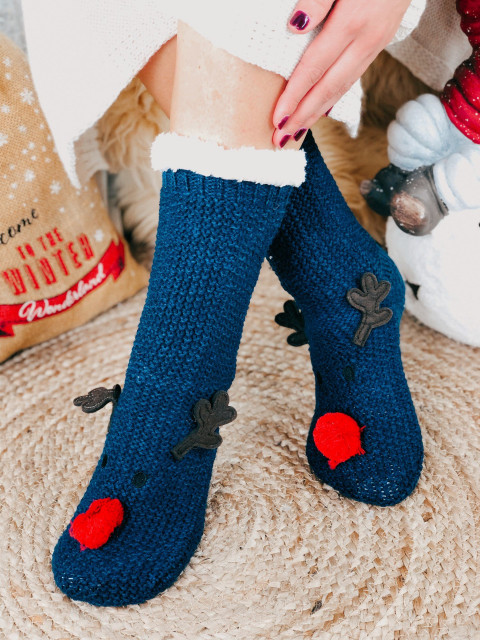 Modré zateplené vianočné ponožky so sobom
