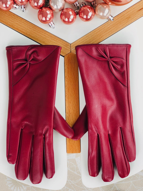 Bordové kožené rukavice s mašľou