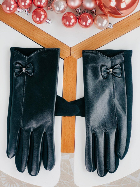 Dámske čierne kožené rukavice s mašľou