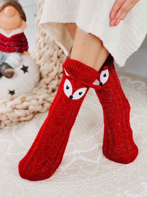 Červené zateplené vianočné ponožky s uškami