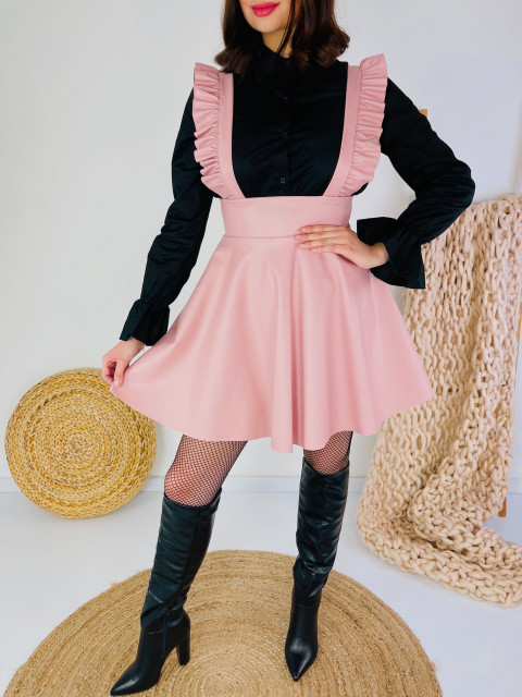 Koženková ružová sukňa s volanovými trakmi
