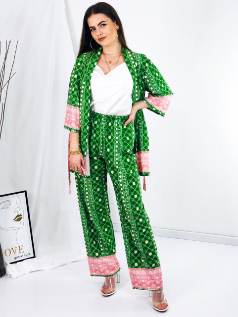 Dámsky zelený komplet kimono + nohavice