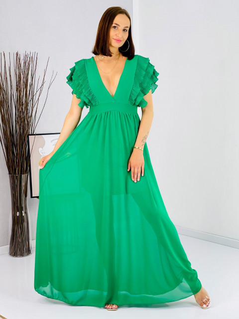 Dámske dlhé zelené šaty s volánovými rukávmi