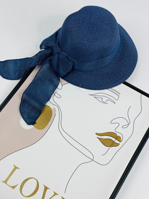 Dámsky modrý slamený klobúk s mašľou Heruenna