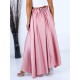 Dámska ružová saténová dlhá sukňa s gumičkou v páse