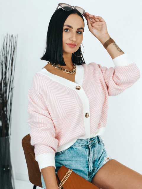 Exkluzívny oversize ružový pletený sveter s gombíkmi