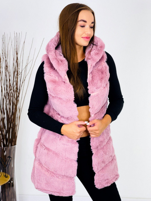 Dámska ružová kožušinová vesta s kapucňou